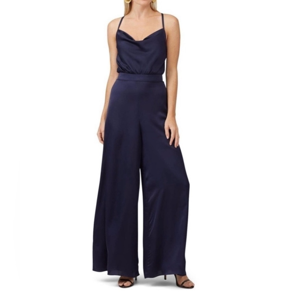 Fame & Partners navy blue satin formal jumpsuit